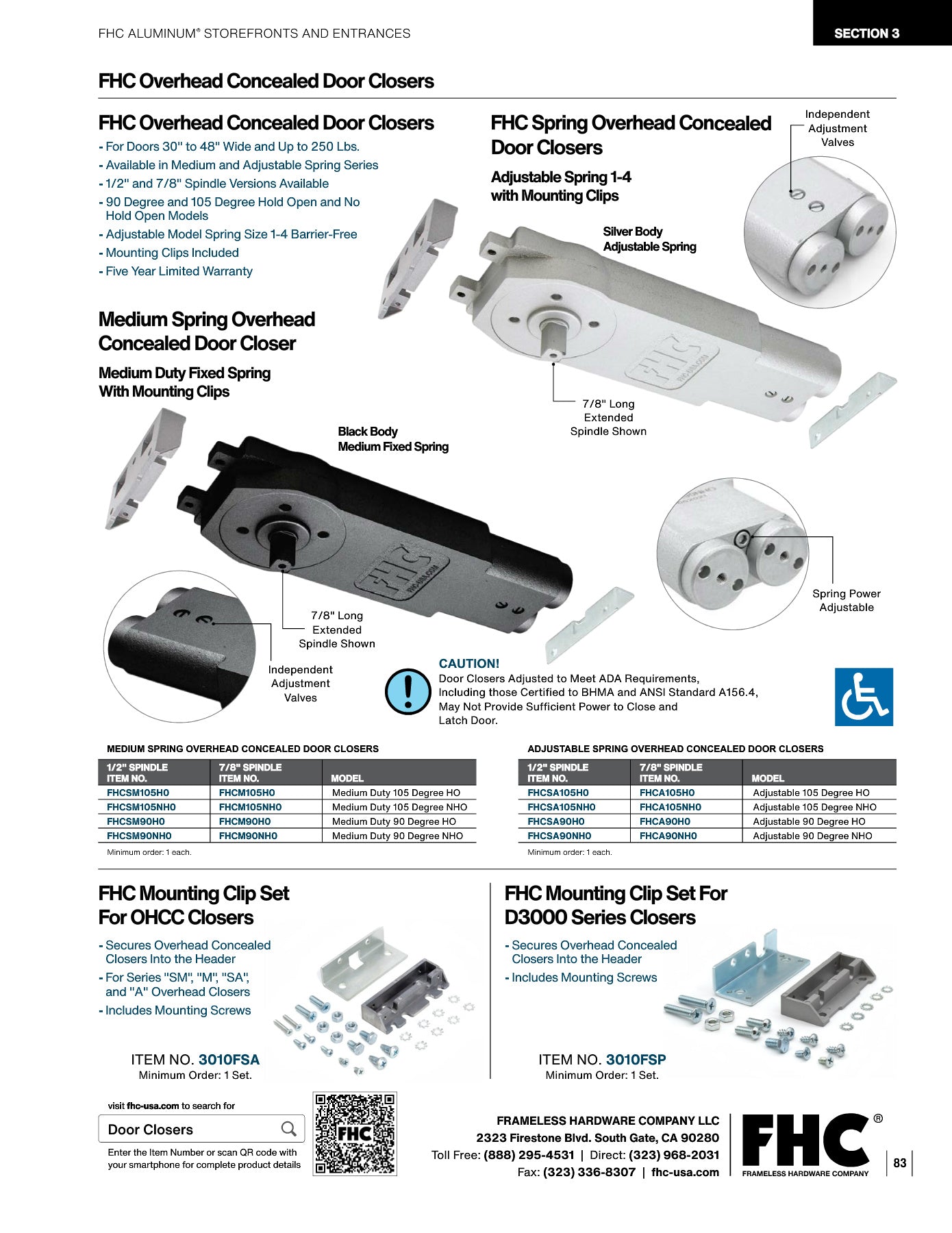 FHC FAL24R catalog page listing FHCSM90H0 medium-duty 90 degree hold-open closer