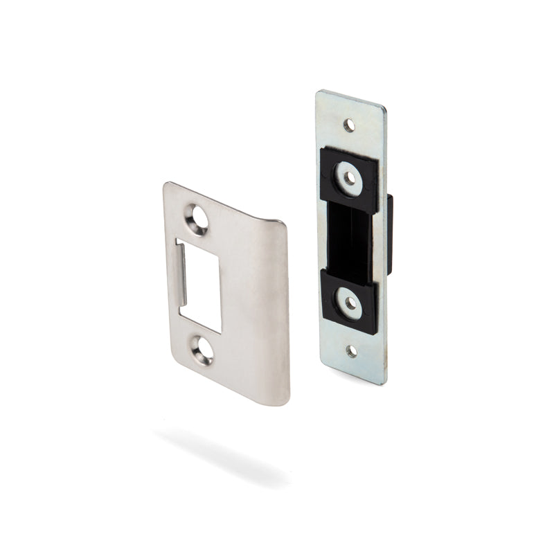 Official FHC DS4510 catalog photo, stainless offset-frame deadlatch strike with backup plate and dust box. Confirm packed part before order.