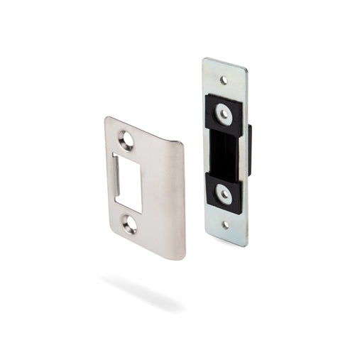 Official FHC DS4510 catalog photo, stainless offset-frame deadlatch strike with backup plate and dust box. Confirm packed part before order.